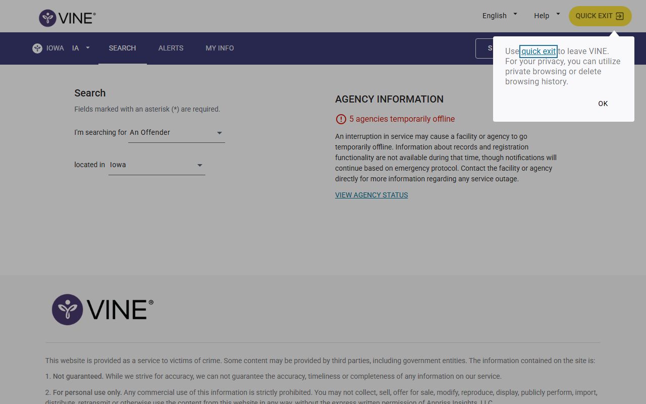 VINELink Iowa person search interface for custody status and notifications